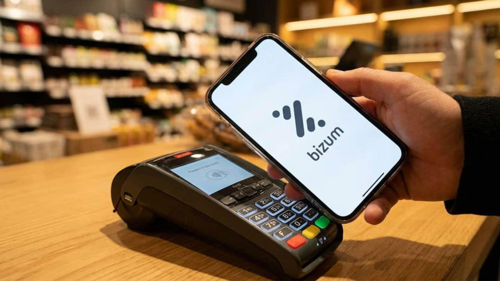 Un cliente sujetando un teléfono móvil con el logo de Bizum junto a un datáfono en la caja de un comercio.